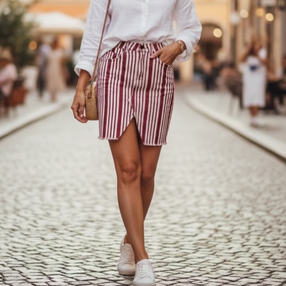 Free People Red‎ Cream Pencil Denim Skirt